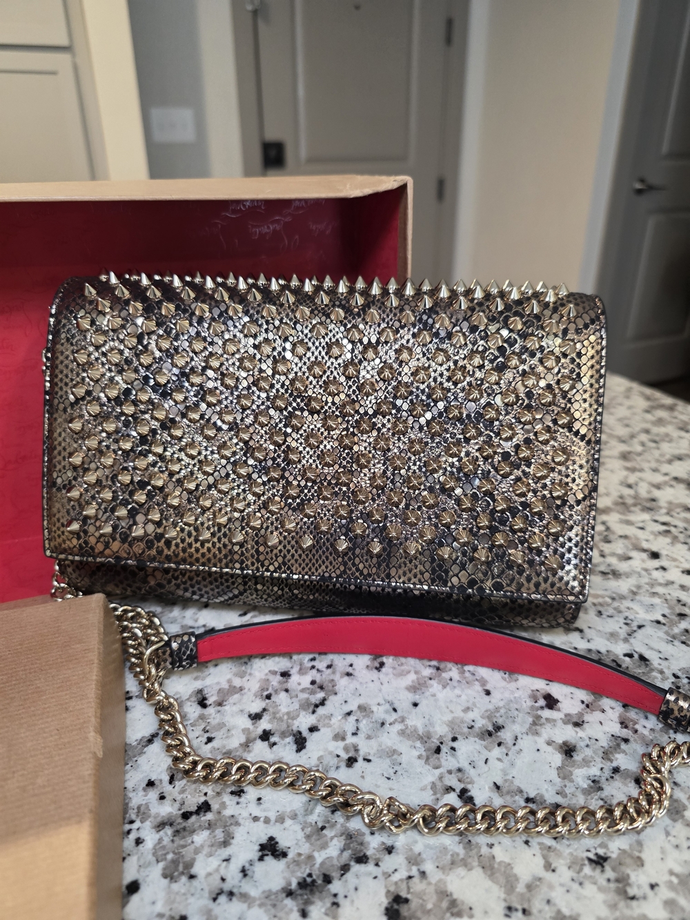 Gold Studded Snake-Texture Clutch with Pink Shoulder Pad